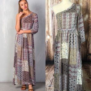 New Cold One Shoulder Check Floral Maxi Dress Rust